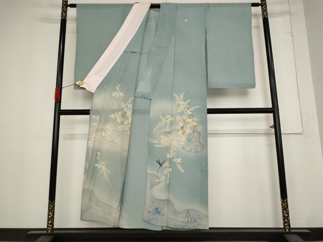 平和屋着物＊夏物 アンティーク 大正ロマン 色留袖 絽 草花文 両褄 暈し染め 銀糸 正絹 逸品 AABB8675st