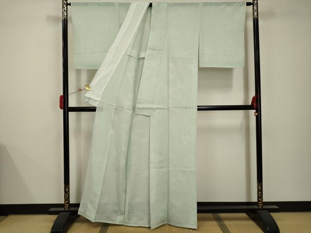 平和屋着物＊夏物 色無地 絽 花籠紋紗 白緑色 正絹 逸品 AABB8773sx