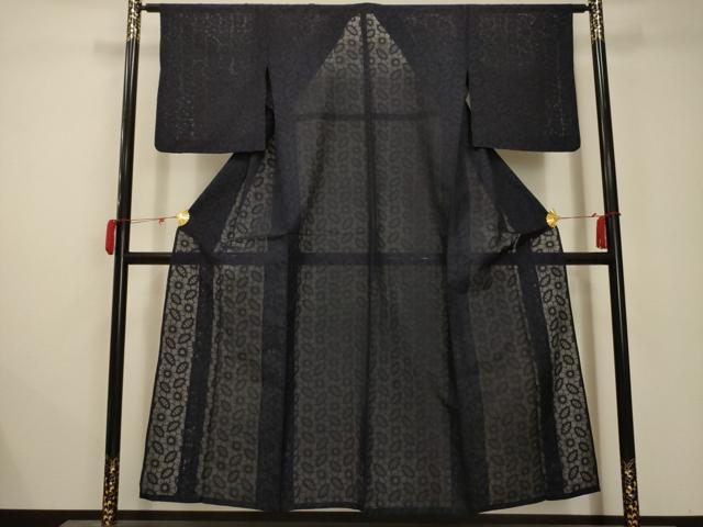 平和屋着物＊夏物 色無地 紗 舞花文 濃藍色 正絹 逸品 AABB8779sx