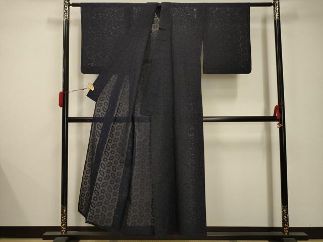 平和屋着物＊夏物 色無地 紗 舞花文 濃藍色 正絹 逸品 AABB8779sx
