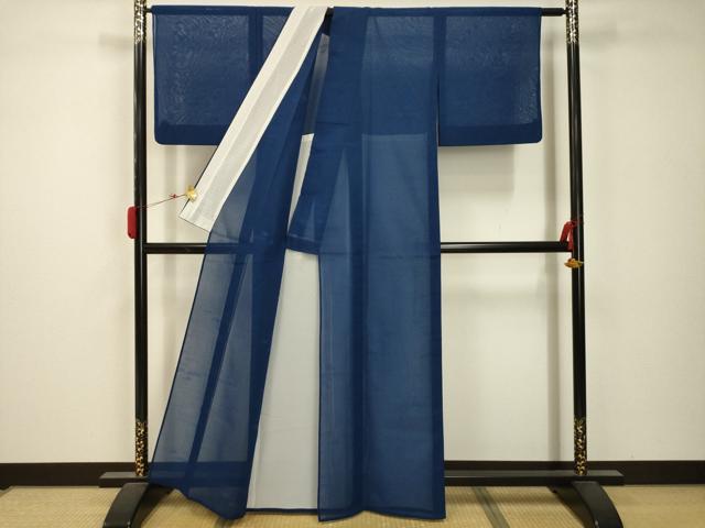 平和屋着物＊夏物 色無地 紗 霞花文 深縹色 洗える着物 AABB8796sx