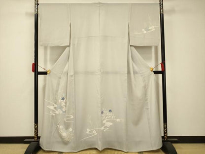 平和屋着物＊夏物 訪問着 紗 流水花文 銀彩 洗える着物 AABB8804sx