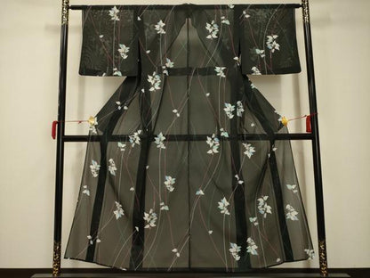 平和屋着物＊夏物 小紋 絽 草花文 洗える着物 AABB8812sx