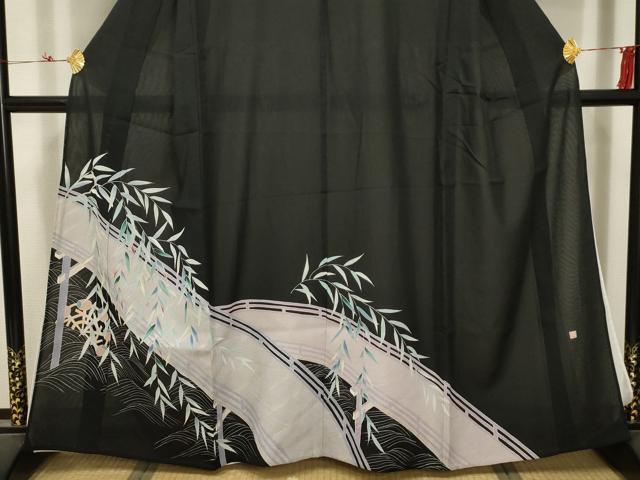 平和屋着物＊夏物 黒留袖 絽 作家物 刺繍 渡橋風景文 銀彩 洗える着物 AABB8829sx