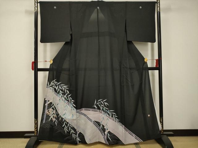 平和屋着物＊夏物 黒留袖 絽 作家物 刺繍 渡橋風景文 銀彩 洗える着物 AABB8829sx