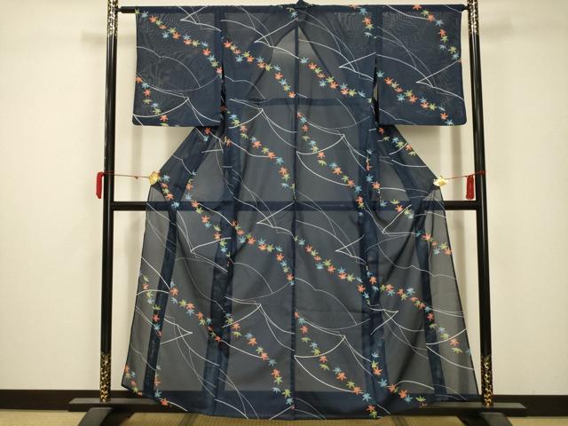 平和屋着物＊夏物 小紋 絽 流水楓文 洗える着物 AABB8849sx