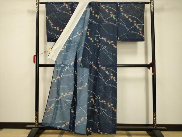 平和屋着物＊夏物 小紋 絽 流水楓文 洗える着物 AABB8849sx