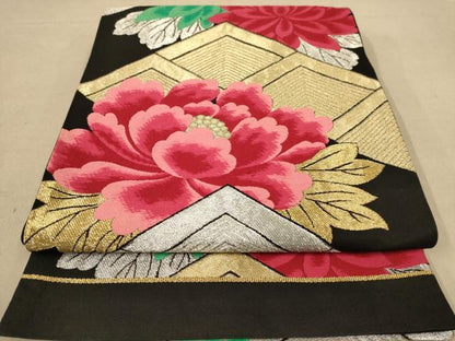 平和屋着物◎六通柄袋帯　唐織　草花文　黒地　金銀糸　正絹　逸品　AABB9042dt