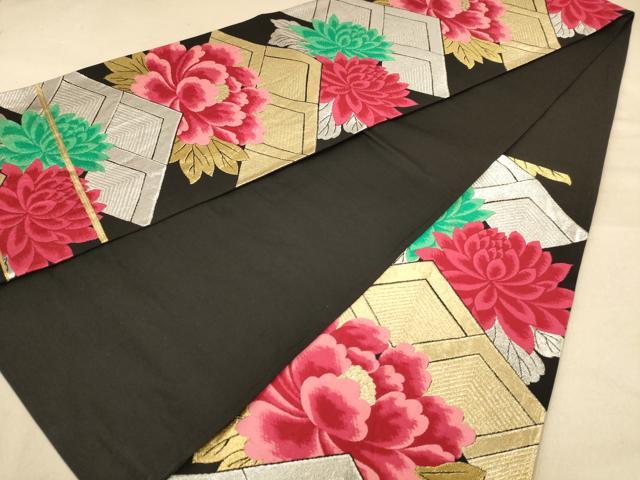 平和屋着物◎六通柄袋帯　唐織　草花文　黒地　金銀糸　正絹　逸品　AABB9042dt
