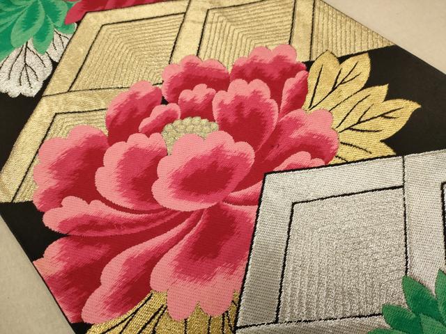 平和屋着物◎六通柄袋帯　唐織　草花文　黒地　金銀糸　正絹　逸品　AABB9042dt