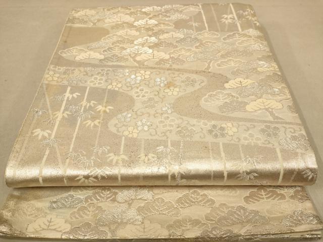 平和屋着物◎六通柄袋帯　唐織　流水花文　銀糸　正絹　逸品　AABB9043dt