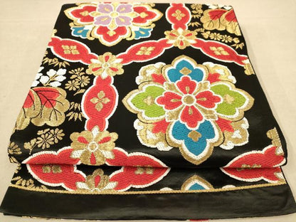 平和屋着物◎六通柄袋帯　唐織　舞花文　黒地　金糸　正絹　逸品　AABB9051dt