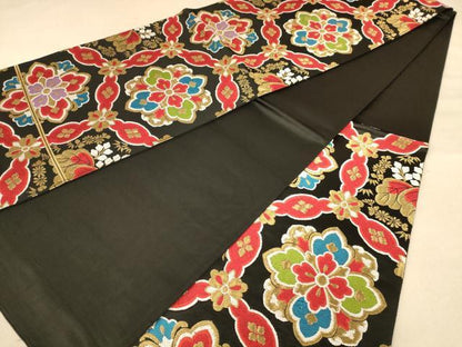平和屋着物◎六通柄袋帯　唐織　舞花文　黒地　金糸　正絹　逸品　AABB9051dt