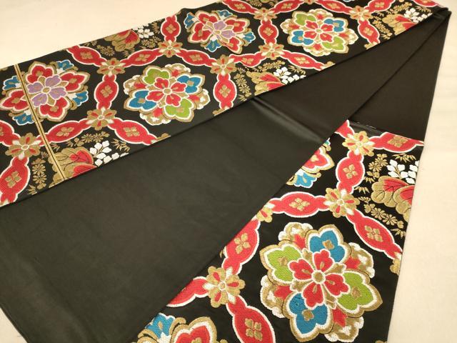 平和屋着物◎六通柄袋帯　唐織　舞花文　黒地　金糸　正絹　逸品　AABB9051dt