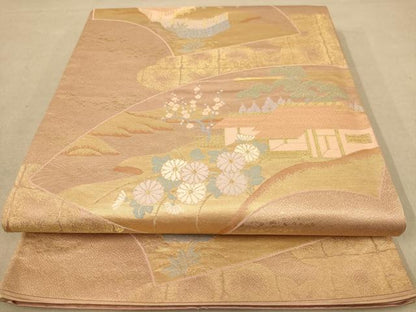 平和屋着物◎六通柄袋帯　唐織　風景花文　金糸　正絹　逸品　AABB9052dt