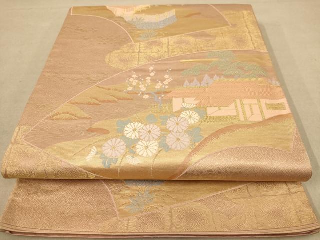 平和屋着物◎六通柄袋帯　唐織　風景花文　金糸　正絹　逸品　AABB9052dt