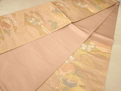 平和屋着物◎六通柄袋帯　唐織　風景花文　金糸　正絹　逸品　AABB9052dt