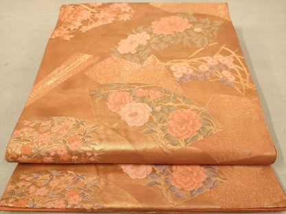 平和屋着物◎六通柄袋帯　地紙花文　金糸　正絹　逸品　AABB9059dt