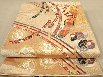 平和屋着物◎六通柄袋帯　唐織　御所車花鳥文　金銀糸　正絹　逸品　AABB9071dt