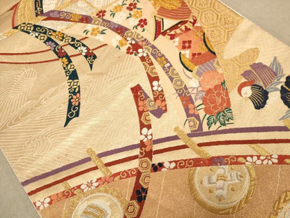 平和屋着物◎六通柄袋帯　唐織　御所車花鳥文　金銀糸　正絹　逸品　AABB9071dt