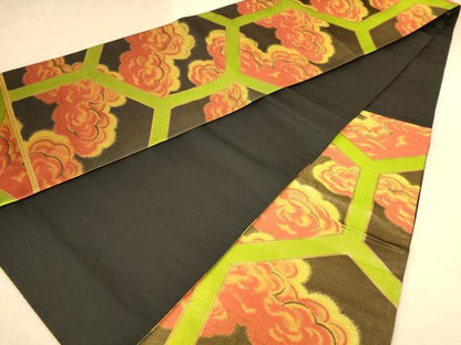 平和屋着物◎六通柄袋帯　霞文　黒地　金糸　正絹　逸品　AABB9103dt