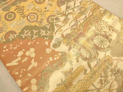 平和屋着物◎六通柄袋帯　吉祥花文　金糸　金通し地　正絹　逸品　AABB9118dt