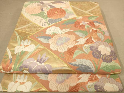 平和屋着物◎太鼓柄袋帯　唐織　花鳥文　金糸　正絹　逸品　AABB9136dt