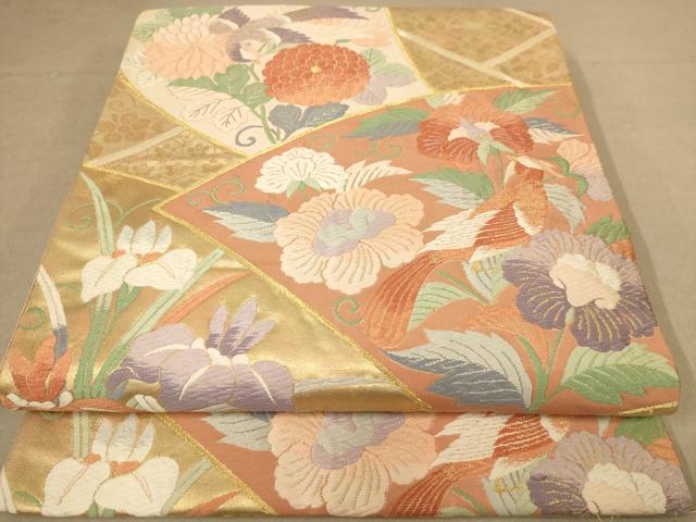 平和屋着物◎太鼓柄袋帯　唐織　花鳥文　金糸　正絹　逸品　AABB9136dt