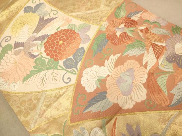 平和屋着物◎太鼓柄袋帯　唐織　花鳥文　金糸　正絹　逸品　AABB9136dt