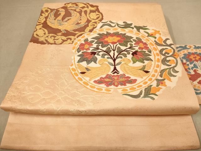 平和屋着物◎九寸名古屋帯　花鳥文　金糸　正絹　逸品　AABB9148dt