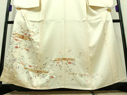 平和屋着物▽訪問着　単衣　草花文　金彩　正絹　逸品　AABB9201jh