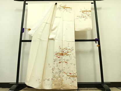 平和屋着物▽訪問着　単衣　草花文　金彩　正絹　逸品　AABB9201jh