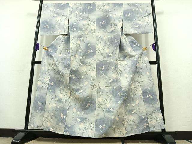 平和屋着物▽上質な紬 単衣 枝花文 正絹 逸品 AABB9207jh