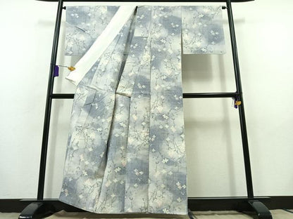 平和屋着物▽上質な紬 単衣 枝花文 正絹 逸品 AABB9207jh