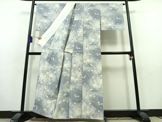 平和屋着物▽上質な紬 単衣 枝花文 正絹 逸品 AABB9207jh