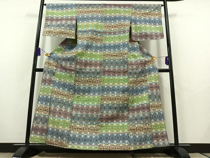 平和屋着物▽上質な紬 単衣 亀甲花文 正絹 逸品 AABB9215jh