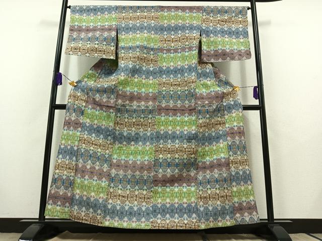 平和屋着物▽上質な紬 単衣 亀甲花文 正絹 逸品 AABB9215jh