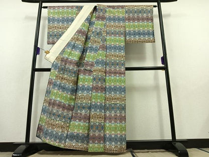 平和屋着物▽上質な紬 単衣 亀甲花文 正絹 逸品 AABB9215jh