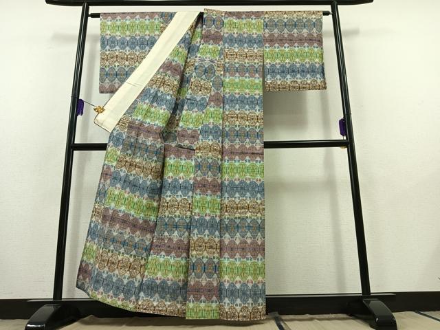 平和屋着物▽上質な紬 単衣 亀甲花文 正絹 逸品 AABB9215jh