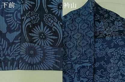 平和屋着物▽上質な小紋 単衣 紬地 藍 型染め 草花文 正絹 逸品 AABB9217jh