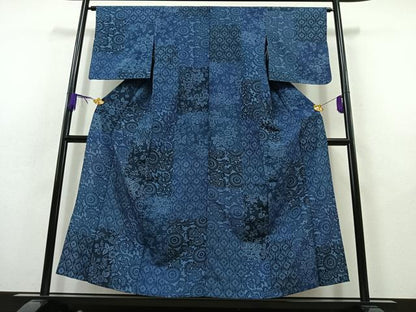 平和屋着物▽上質な小紋 単衣 紬地 藍 型染め 草花文 正絹 逸品 AABB9217jh