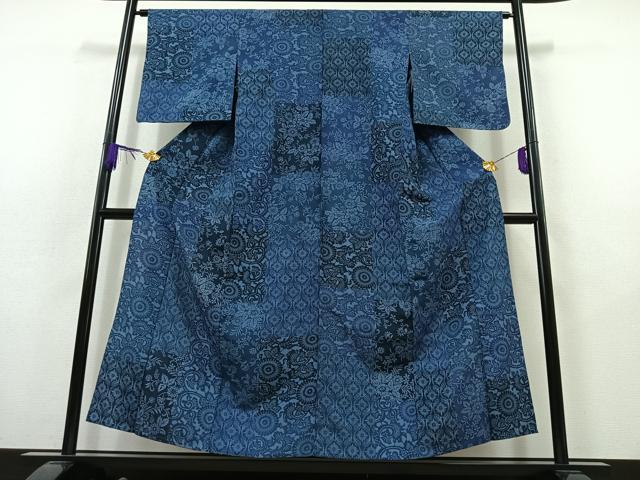 平和屋着物▽上質な小紋 単衣 紬地 藍 型染め 草花文 正絹 逸品 AABB9217jh