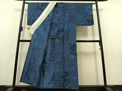平和屋着物▽上質な小紋 単衣 紬地 藍 型染め 草花文 正絹 逸品 AABB9217jh