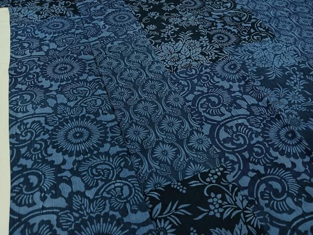 平和屋着物▽上質な小紋 単衣 紬地 藍 型染め 草花文 正絹 逸品 AABB9217jh