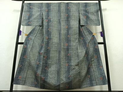 平和屋着物▽上質な紬 単衣 草花文 正絹 逸品 AABB9218jh