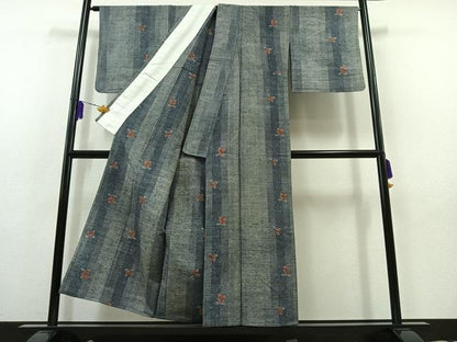 平和屋着物▽上質な紬 単衣 草花文 正絹 逸品 AABB9218jh