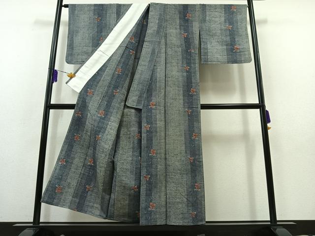 平和屋着物▽上質な紬 単衣 草花文 正絹 逸品 AABB9218jh