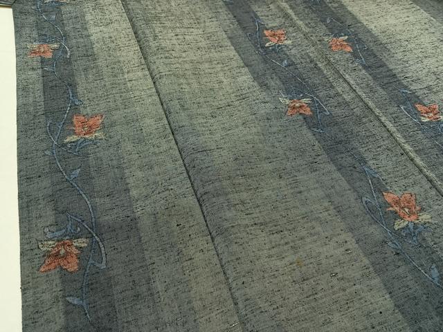平和屋着物▽上質な紬 単衣 草花文 正絹 逸品 AABB9218jh