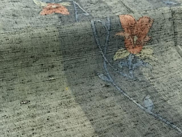 平和屋着物▽上質な紬 単衣 草花文 正絹 逸品 AABB9218jh