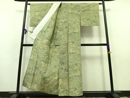 平和屋着物▽上質な紬　単衣　風景文　正絹　逸品　AABB9220jh